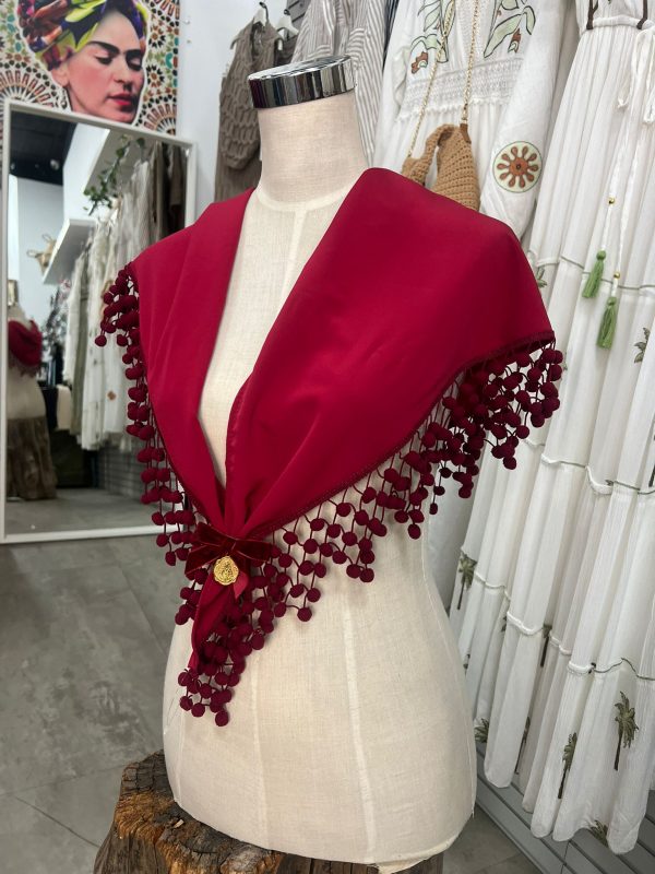 Mantón de Crepe burdeos con madroños. - Imagen 3